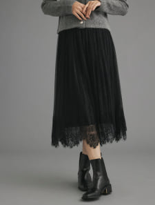 ベロアプリーツ×チュールレースレイヤードスカート