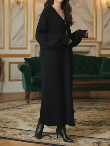 【honoセレクト】 【U150サイズあり】Vネックケーブルニットワンピース