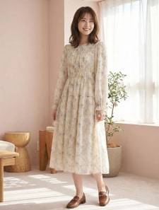 水彩フラワー柄シャーリングワンピース