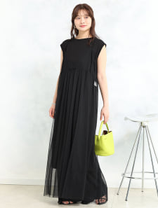 チュールキャミ付きフレンチスリーブワンピース