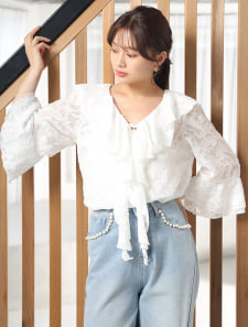 フロントフリルシアージャガードブラウス