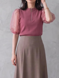ハーフジップ袖シアーカットソー