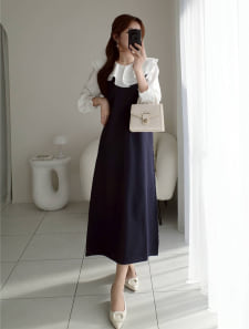 【cho____07セレクト】 衿元フリル異素材ドッキングワンピース			