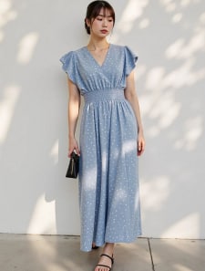 ランダムドットフリル袖オールインワン