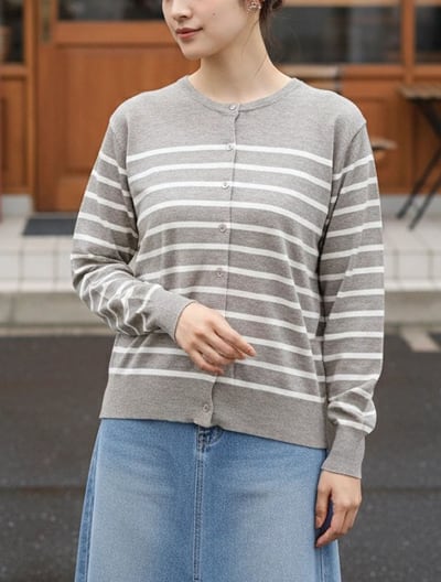 【ウォッシャブル】【M・Lサイズあり】クルーネックボーダーカーディガン