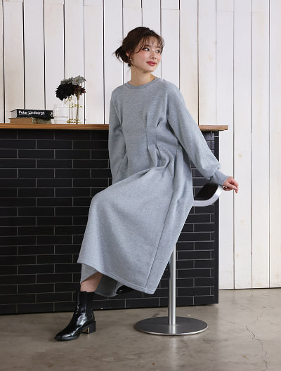 【kanaセレクト】 【U150サイズあり】裏起毛ウエストタックワンピースサイドポケット付