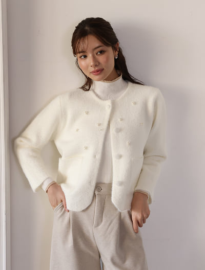 パール付きノーカラーニットジャケット