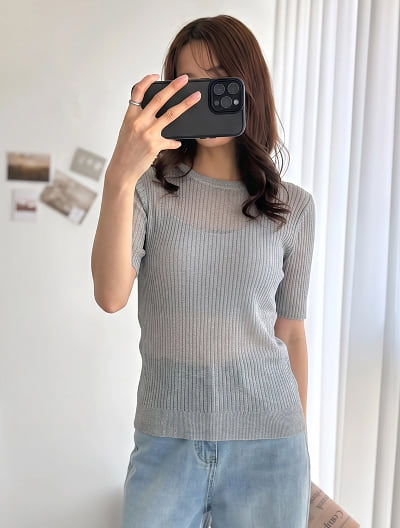 五分袖シアーラメニット