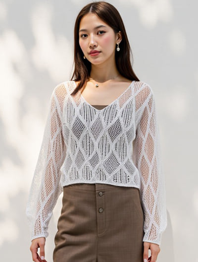 ダイヤ透かし編みニット