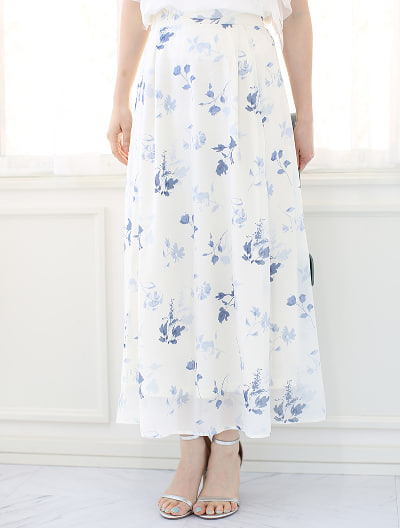 【セットアップ対応】シフォン花柄フレアロングスカート
