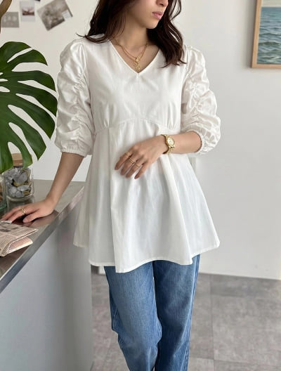 【接触冷感】前後2way袖ギャザーペプラムカットソー