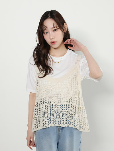 【2点セット】Tシャツ×かぎ針ビスチェ