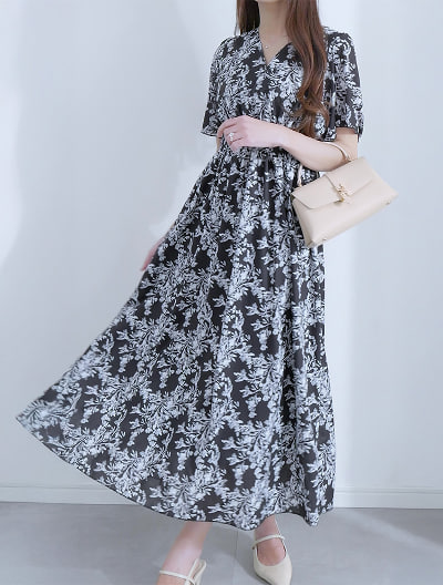 【MARIAセレクト】 フラワープリントウエストシャーリングワンピース