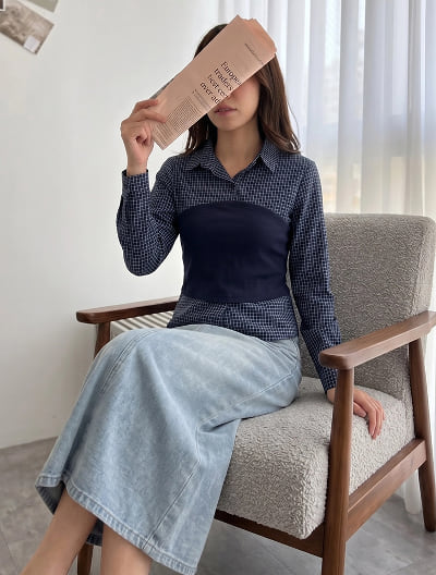 ウエストマークチェックブラウス