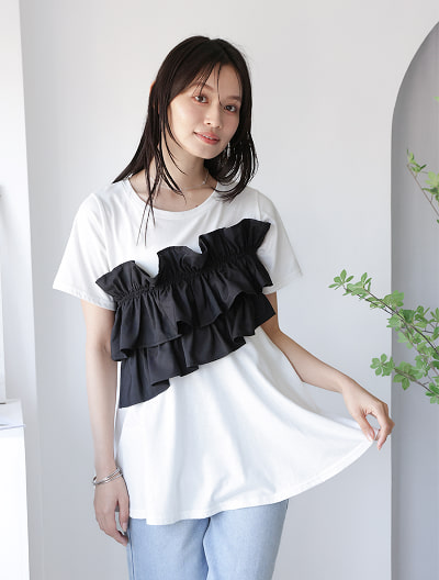 異素材フリルドッキングTシャツ