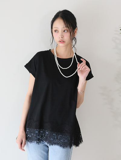 裾レースフレンチスリーブTシャツ