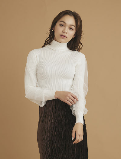 チュール重ねタートルニットトップス