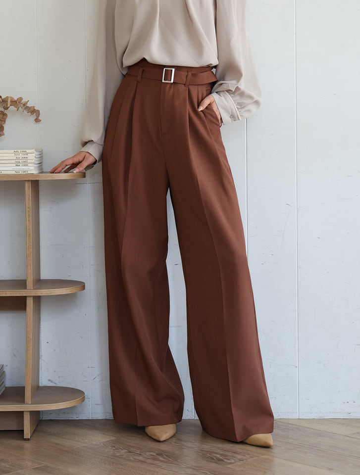 【U150サイズあり】ベルト付きツータックハイウエストワイドパンツ