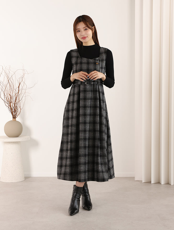 【3点セット】ベルト/ニット付チェックワンピース