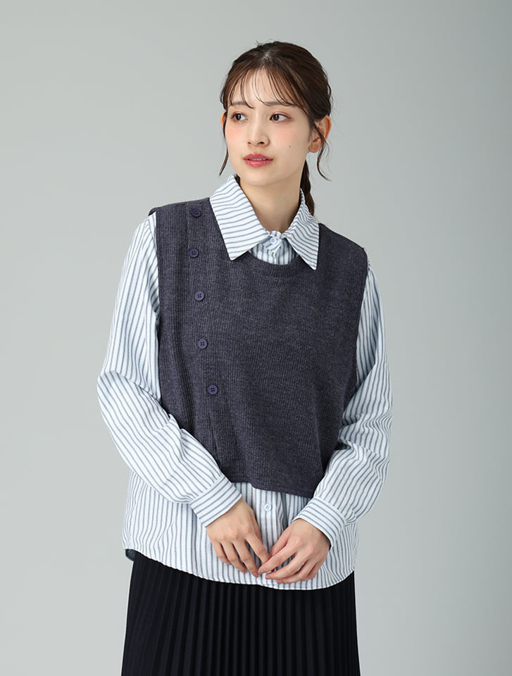 ニットベスト付きストライプシャツ