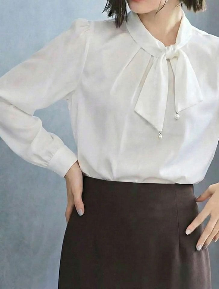 サイドパールリボン長袖ブラウス