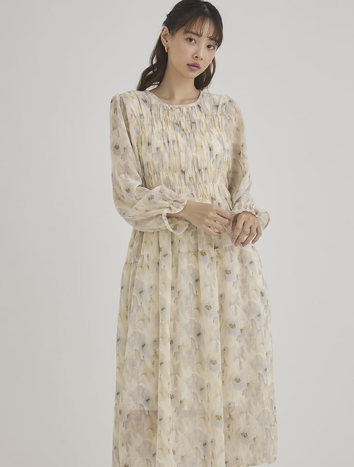 水彩フラワー柄シャーリングワンピース