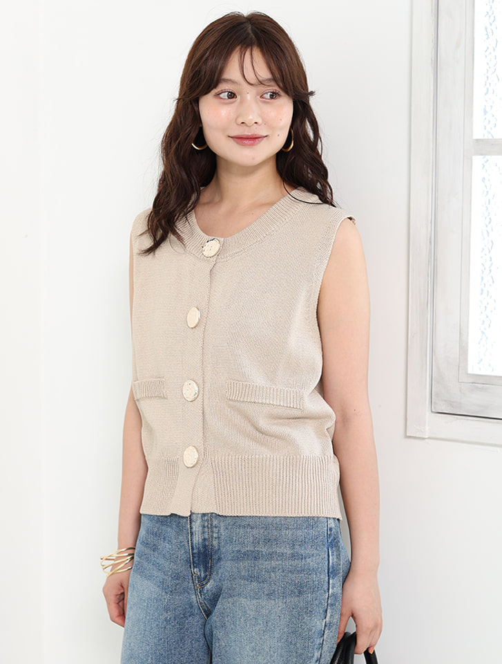 【cestmignon_mauセレクト】リネンタッチボタンデザインニットベスト