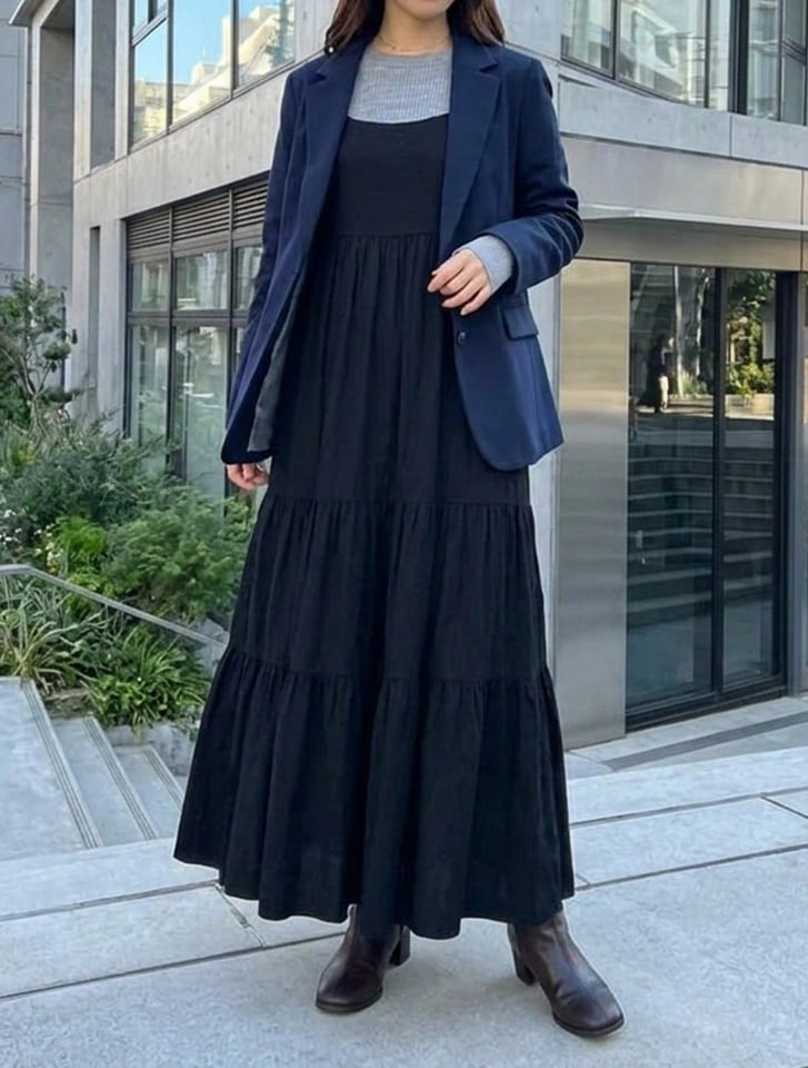長さ調節可能ティアードロングキャミワンピース