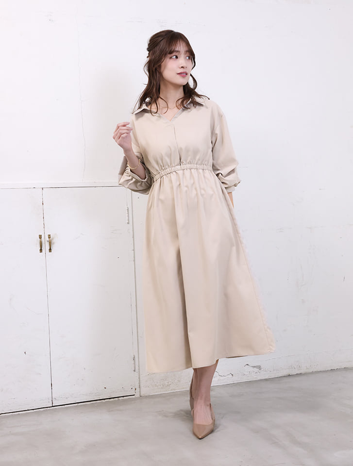 ウエスト切替タックスリーブワンピース
