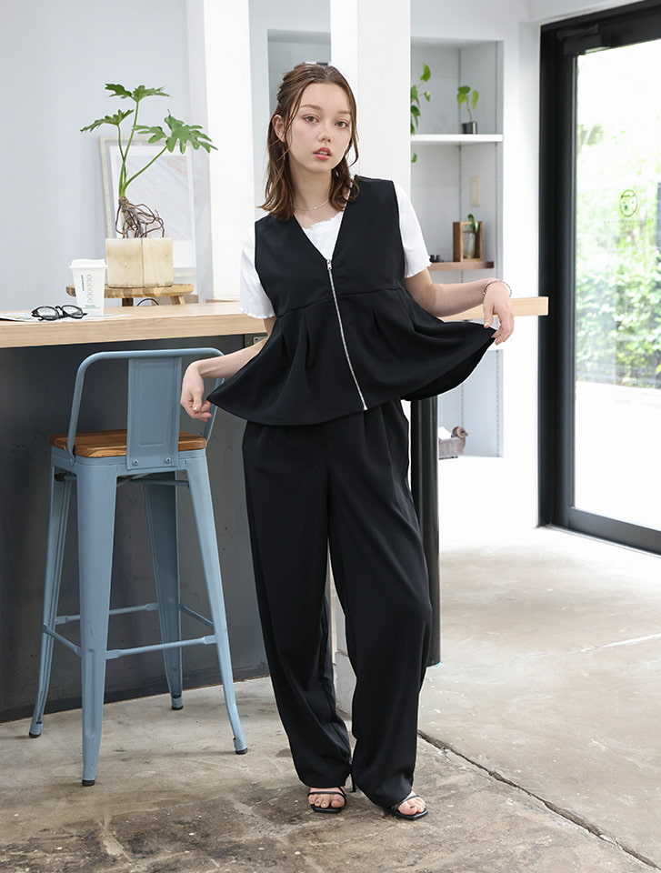 【2点セット】ペプラムジップベスト×パンツ
