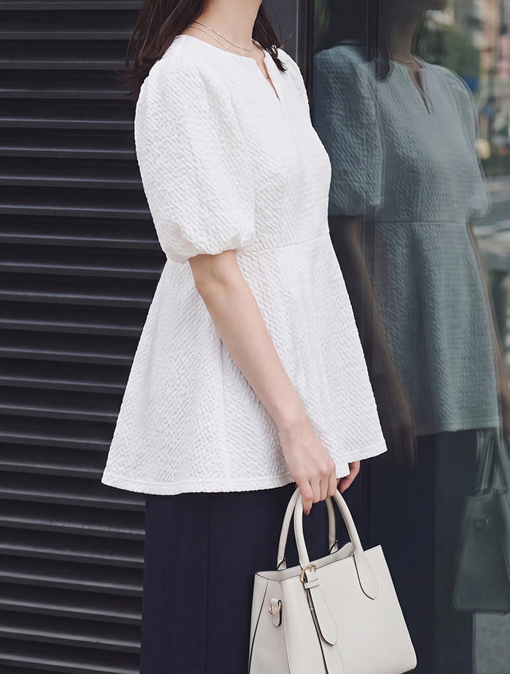【aya223_bセレクト】ふくれジャガードペプラムブラウス