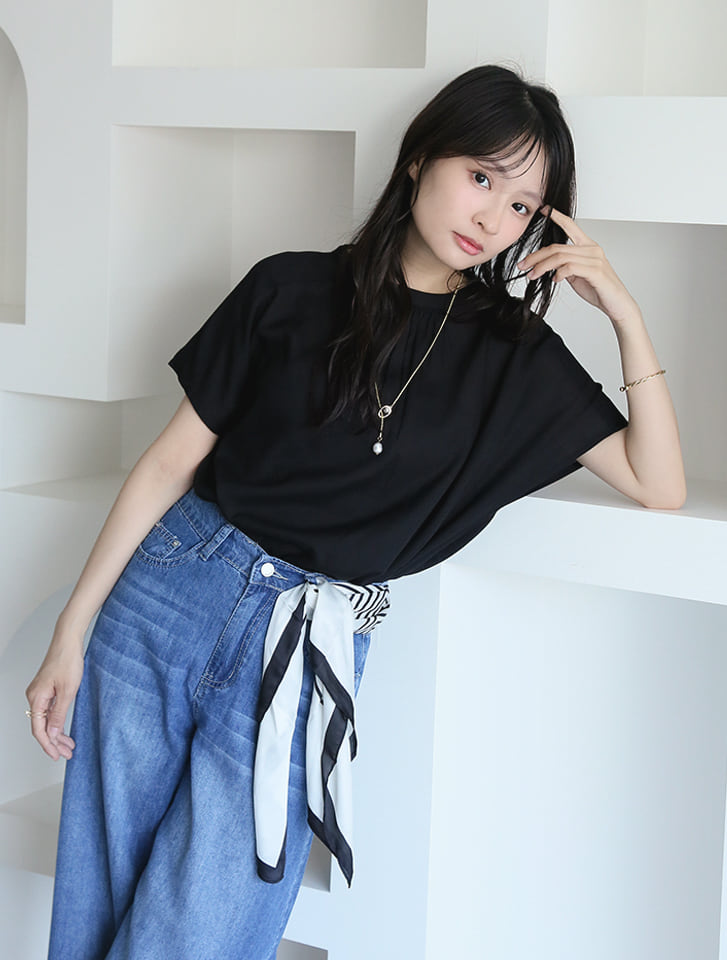 【shieセレクト】【接触冷感】衿元ギャザーブラウス