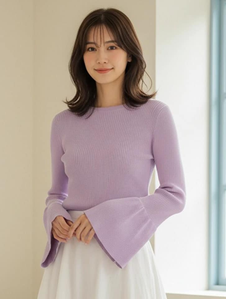 袖フレアシアーニットプルオーバー