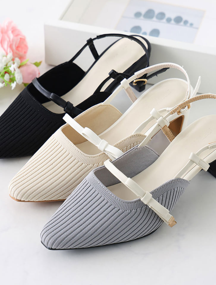 サイドリボンニットスリングバックパンプス