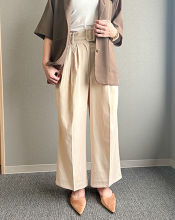 156cm着用感ベルト付きハイウエストタックワイドパンツ