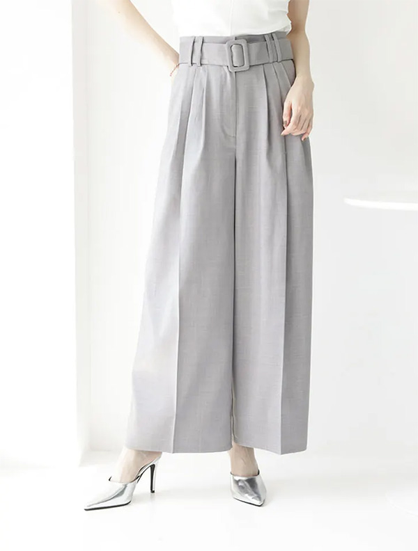 ベルト付きハイウエストタックワイドパンツ